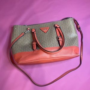 Brown Logo Guess Purse Tote With Coral Orange Bottom and Straps